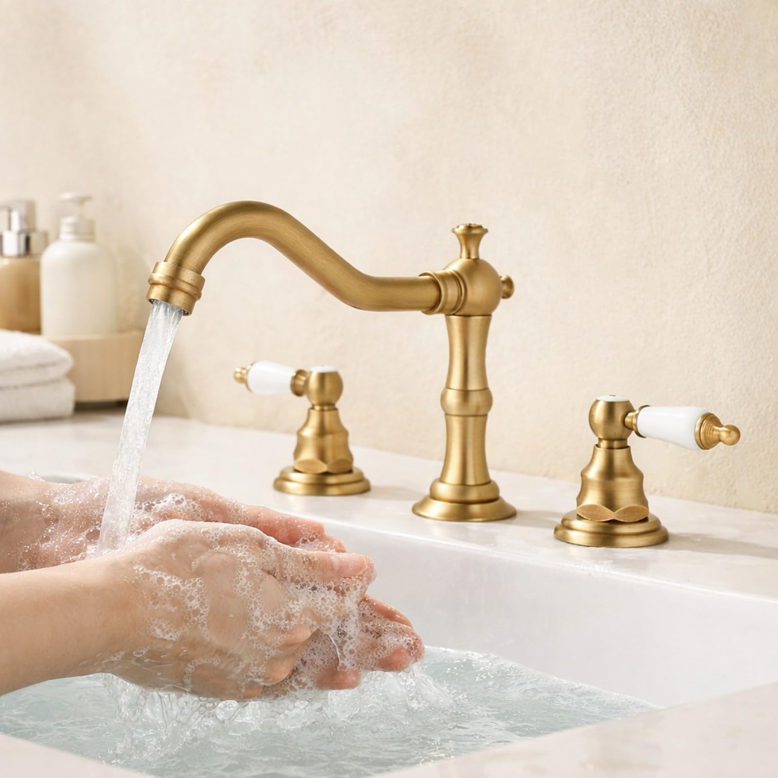 Grifo Lavabo Retro Europeo Dos Mandos Grifo de Baño 3 Orificios Mezclador de Lavabo de Latón,antigüedad