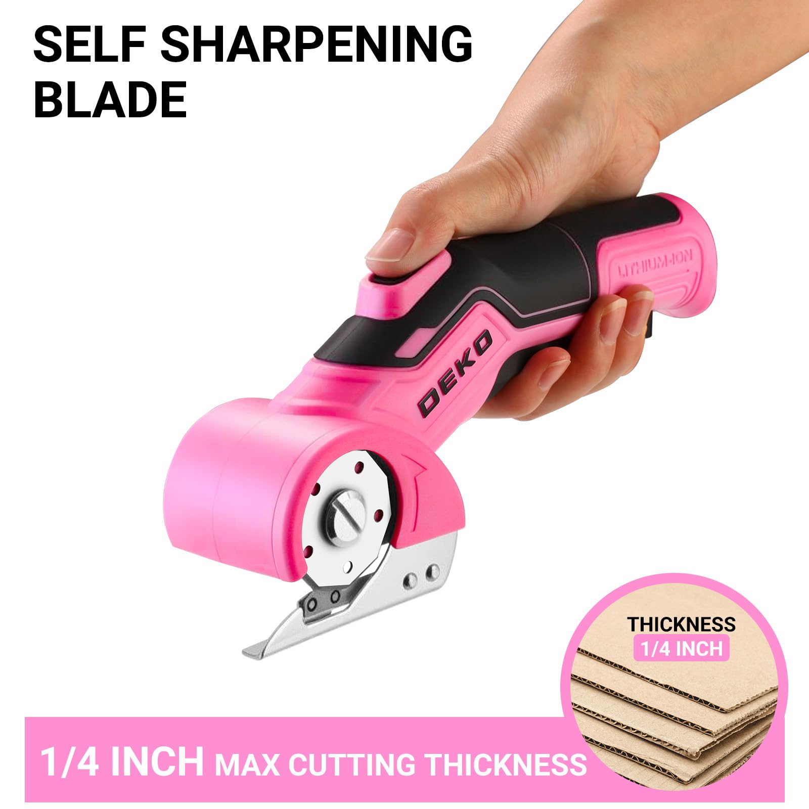 DEKOPRO Ciseaux Electrique Rotatif Couture: 3.7V Ciseaux Électrique sans Fil avec 2 Lames, Coupe Carton Puissant, pour Tissu, Cuir, Tapis, Plastique, DIY & Couture