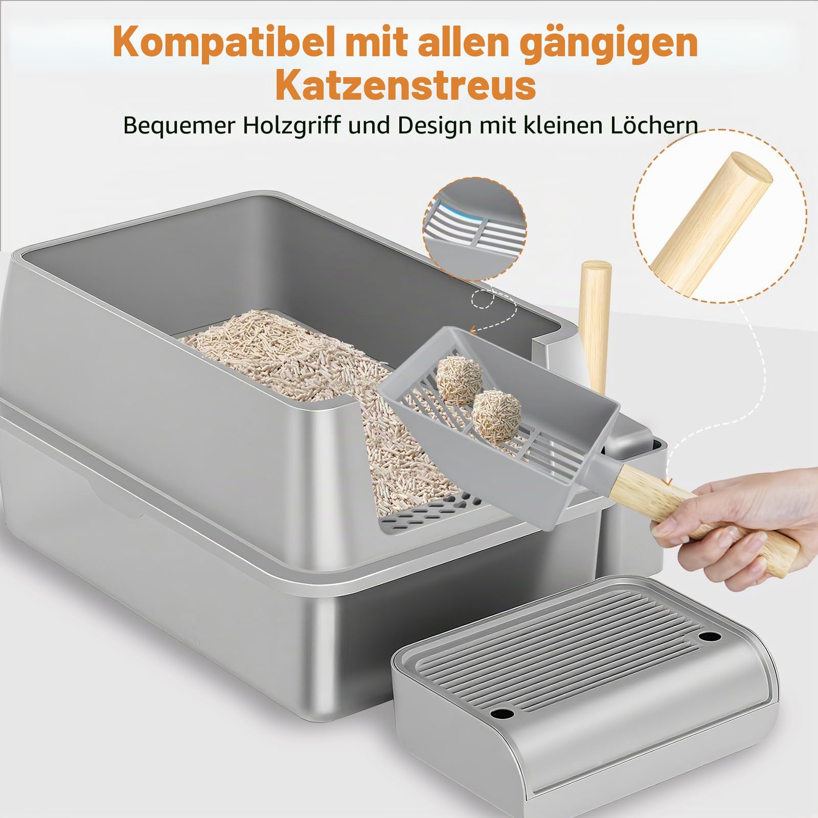 Edelstahl Katzenklo XXL 37L – Geschlossene Katzentoilette für große Katzen, mit 120° Klappdeckel, Trittstufe und Schaufel, geruchsarm, auslaufsicher, leicht zu reinigen, Cremegrau