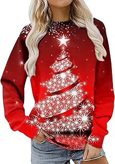VVNHJA Christmas Shirts for Women Plus Size Christmas Tops Cute Print Long Sleeve Shirts Christmas Long Sleeve Printed Shirts Merry Christmas Sweatshirt Women Green Christmas Sweater For Women