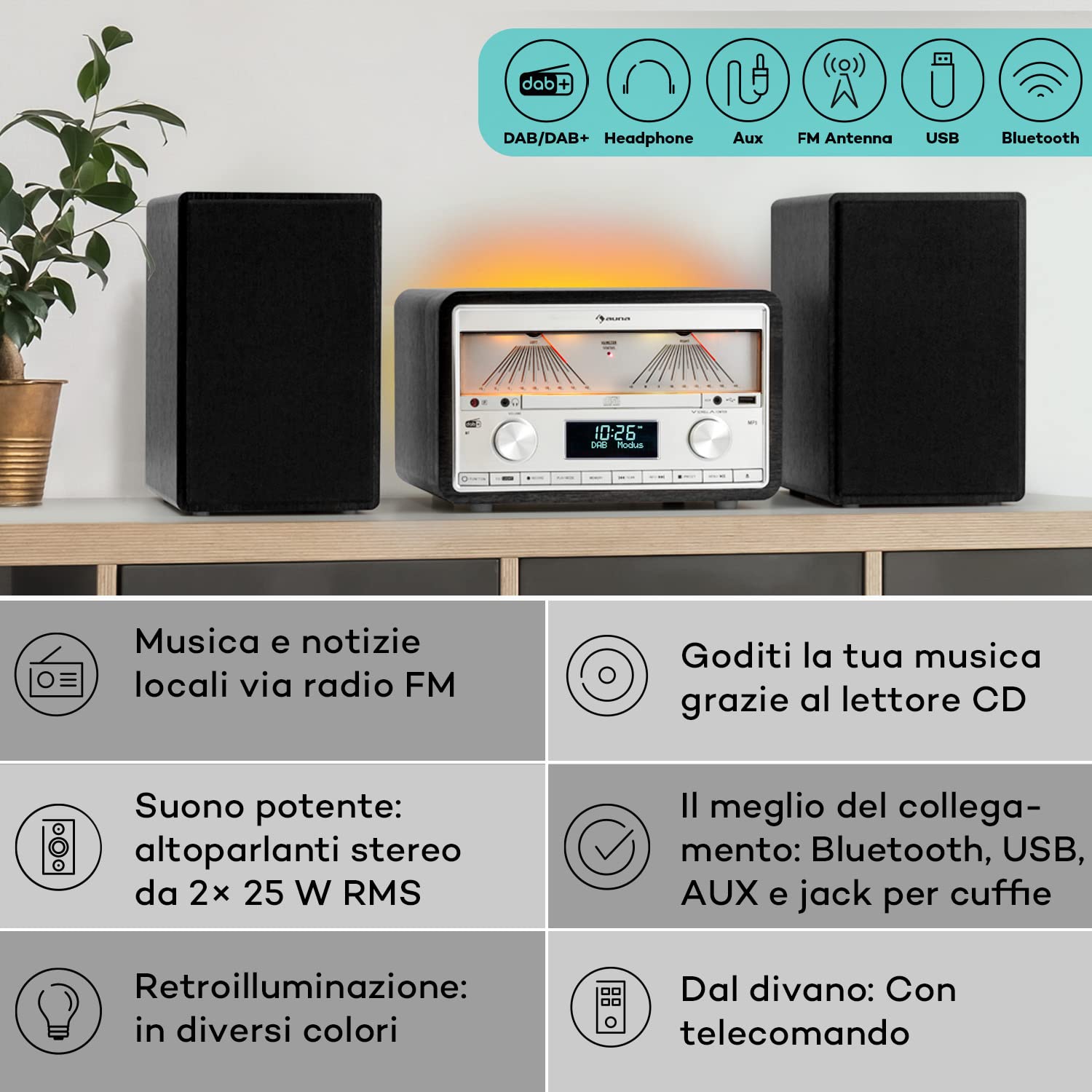 Auna Radio DAB/DAB+ Portatile Digitale con Bluetooth e Lettore CD, Sistema Stereo AUX e MP3, Micro Stereo Rimovibile da 25W, Display LCD, USB, Streaming