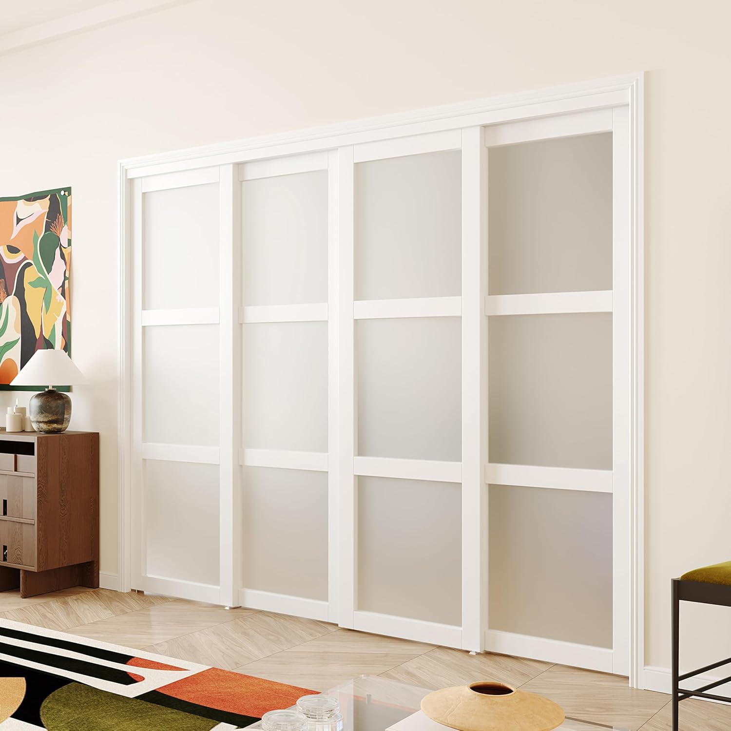 Double Sliding Closet Door, 96" × 80"(Double 48" × 80"), Double Frosted 3 Panel Glass Sliding Door, Hardware Include, Pre-Drilled Panel Need to Assemble, MDF, White