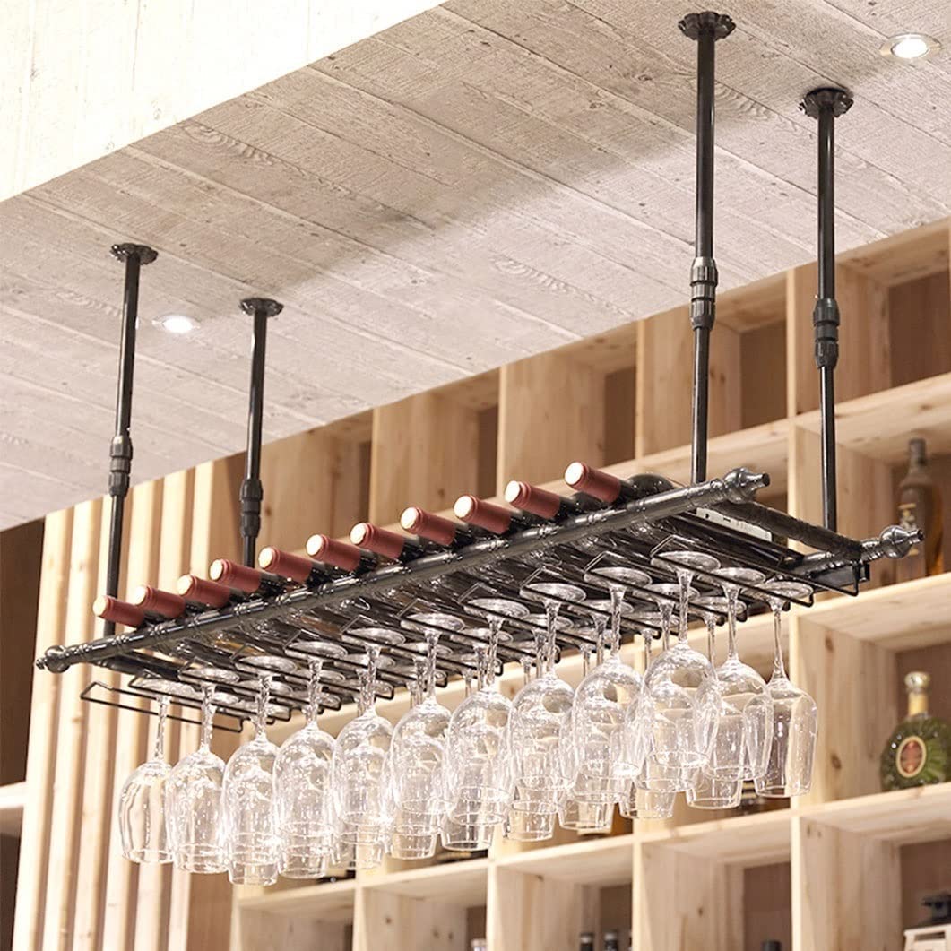 Étagère Murale Verres à Vin et Porte-Bouteilles Suspendu de Plafond en Métal