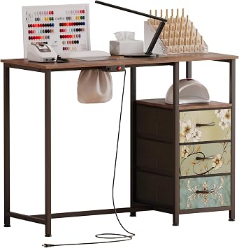Nail Table with dust Collector,Small Manicure Table with Drawers for Nail tech,Nail Station with Open Shelf for Home,Workshop,Makeup Beauty Salon Workstation Retro Pattern