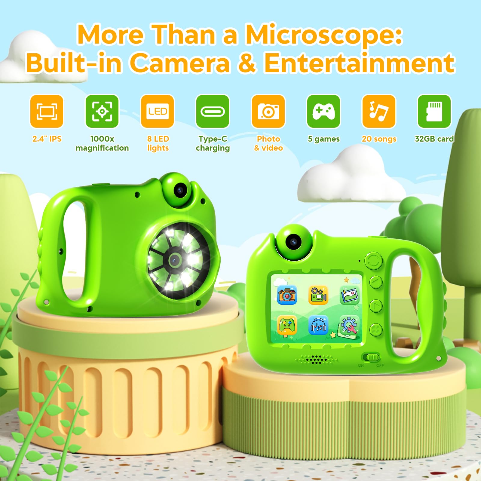 Microscopio digitale portatile 1000X per bambini, con schermo IPS da 2,4 pollici, ricaricabile USB-C, foto e video, giochi e canzoni integrati, scheda da 32 GB, regalo per bambini dai 5 ai 12 anni