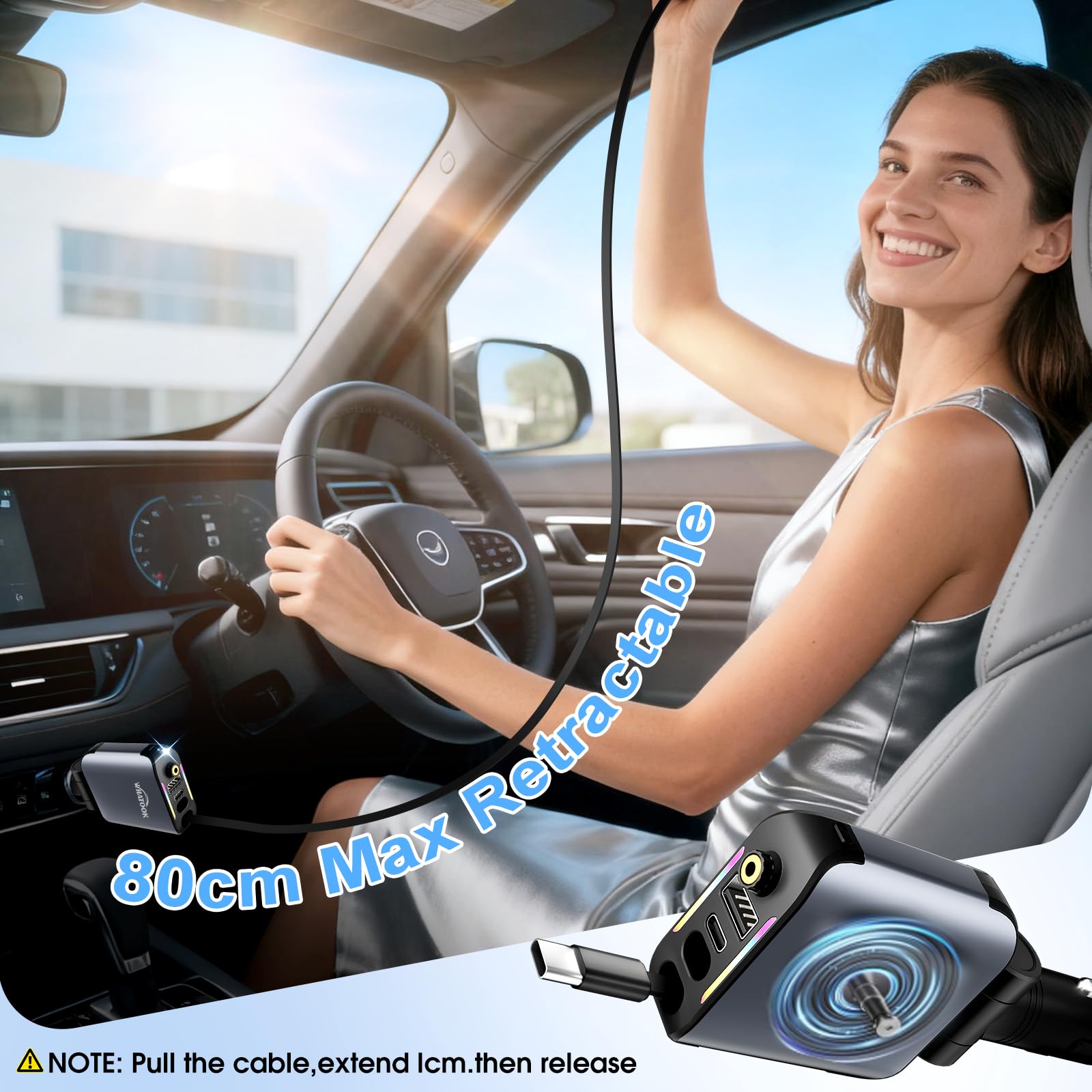 WHATOOK 4 W 1 zapalnik papierosów USB C ładowarka samochodowa: [75% mniejsza][Sternenhimmel LED] 66W KFZ Auto szybka ładowarka Adapter z wciągalnym kablem typu C/USB C/USB A, 12/24V dla iPhone/Samsung