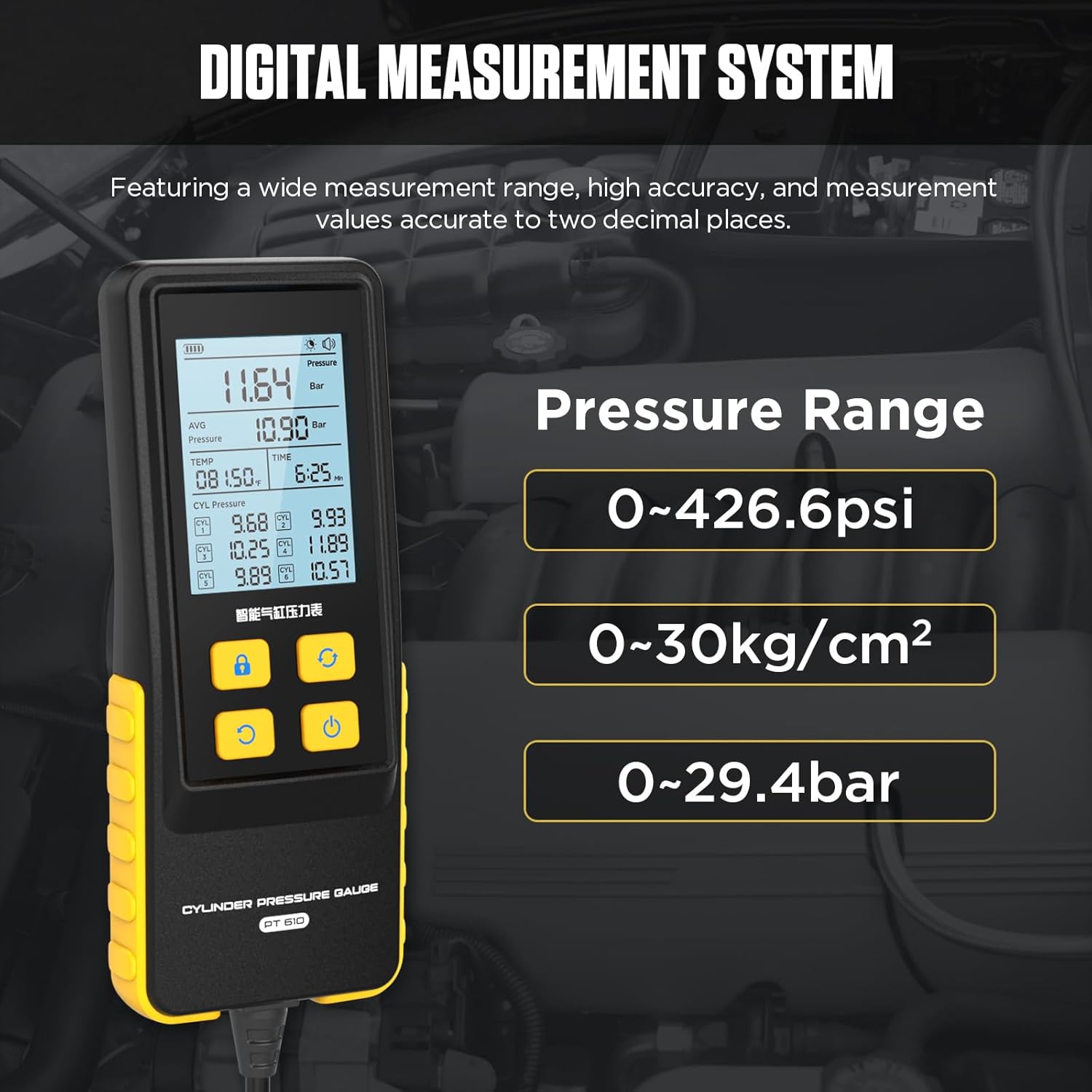 Cylinder Pressure Gauge PT610 Smart Petrol Engine Cylinder Compression Pressure Tester Gauge Gasoline Engine Digital Oil Pressure Gauge