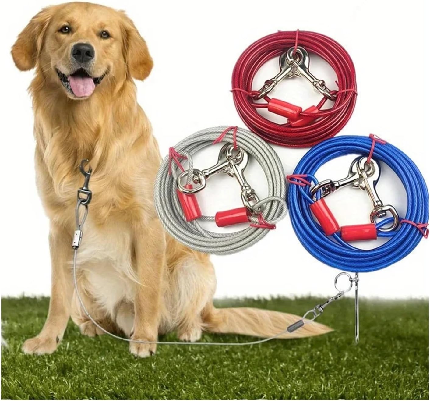 5mm*3m Lengthen Steel Wire Dogs Rope Chain Durable Double-end Dogs Leash Cable Dual Heads Metal Hooks Pet Supplies(Red,5m)