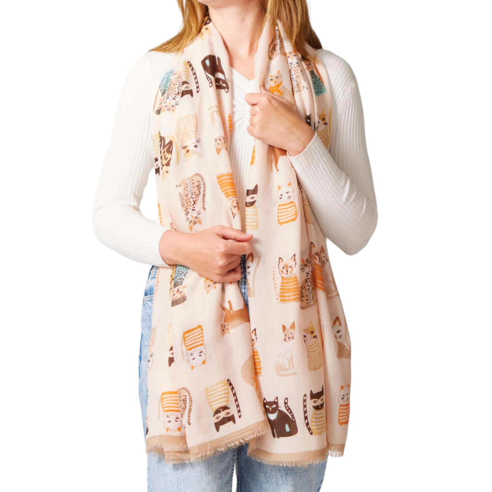 My Posh Shop Cream and Beige Cat Print Scarf