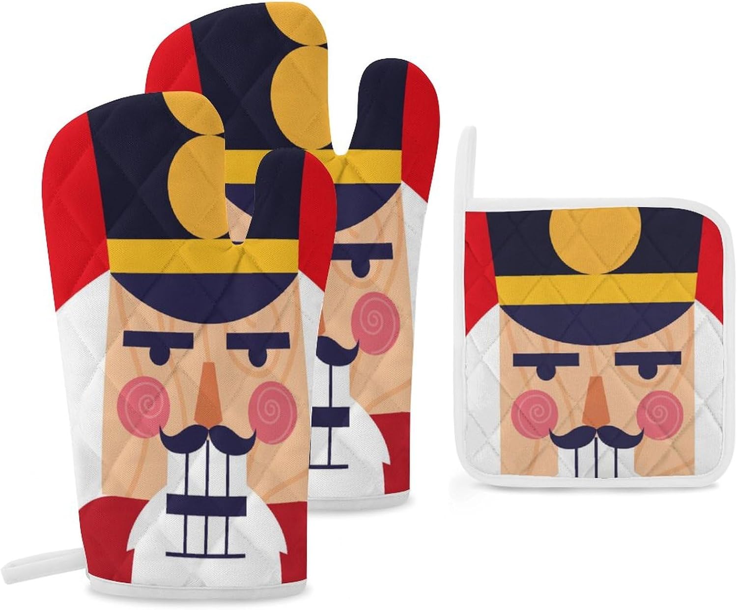 Face Nutcracker Soldier Print Oven Mitts and Pot Holders 3 Piece Sets Heat Resistant Gloves Hot Pads Potholders for Kitchen Baking Cooking