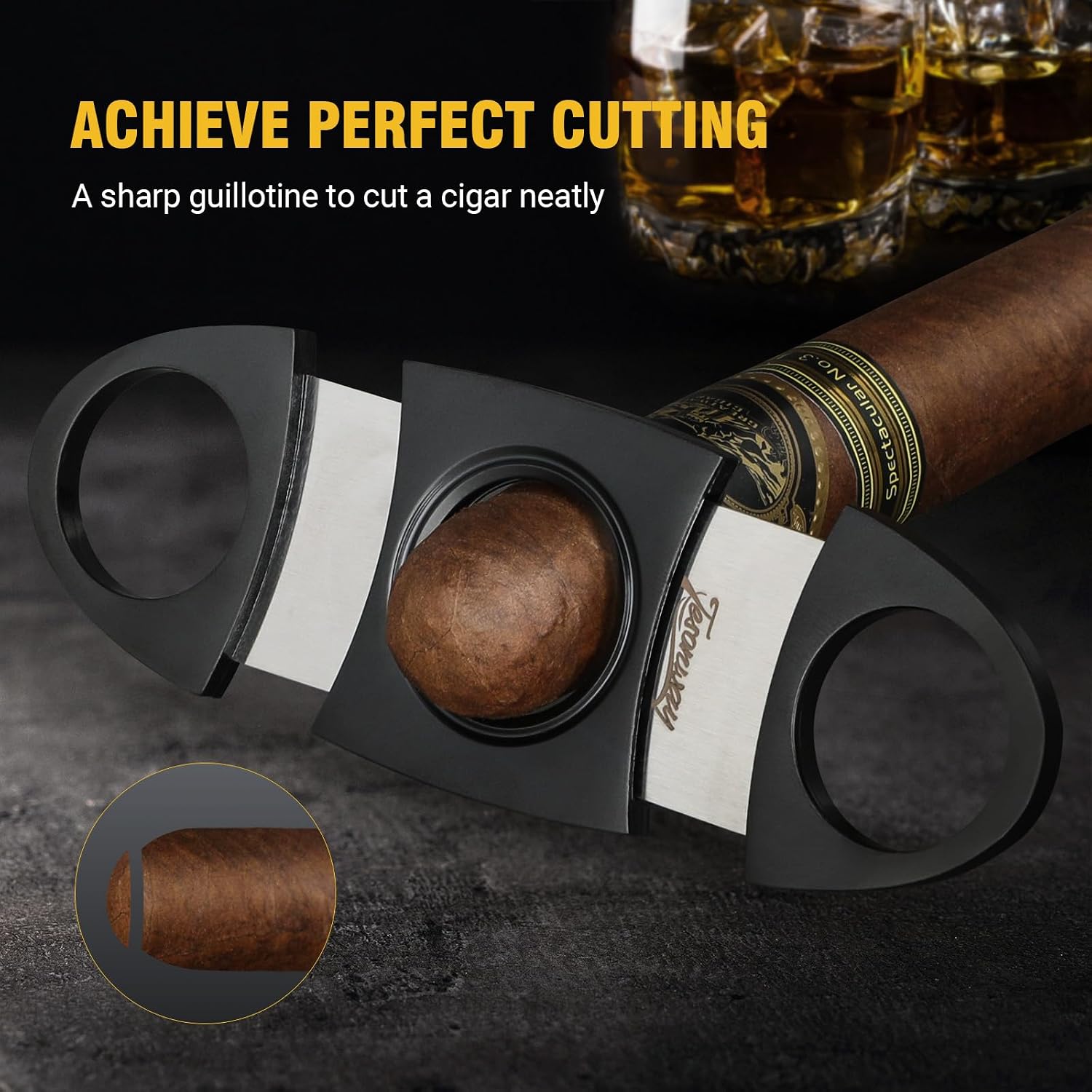 Stainless Steel Cigar Cutter with Protective Leather Pouch, Professional Precision Double Blade Guillotine, Handheld Clipper for Men, Metal Accessory Set