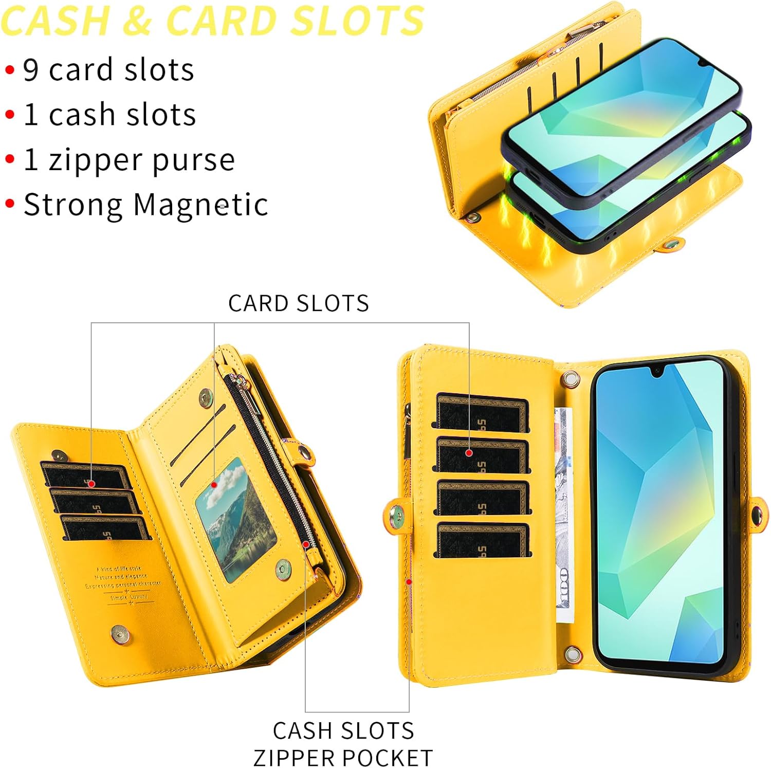 Phone Case for Samsung Galaxy A16 5G/4G Zipper Wallet Detachable Cell Cover Screen Protector Crossbody Lanyard Strap Bling Glitter Flip Card Holder Slot A 16 16A SM-A166U Women Men Girls Yellow