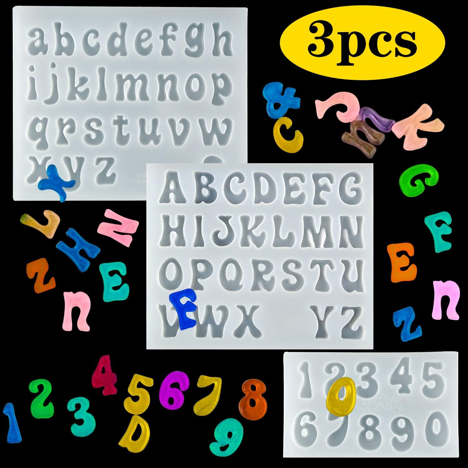 Palksky 3Pcs Mini Letter Resin Molds - Small Silicone Number Alphabet Epoxy Casting Mold for DIY Keychain Pendant Earring Jewelry, Gummy Candy Chololate Cake Decoration