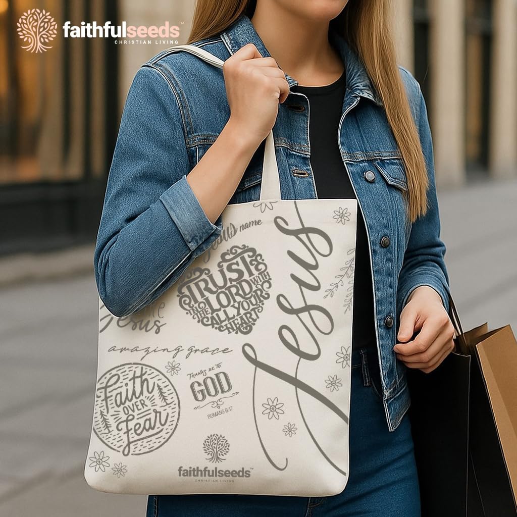 Christian Women’s Bible Tote Bag - Jesus, Faith Over Fear” 15.7"x13.7" – Christian Scripture & Floral Design – Reusable Shoulder Tote for Bible, Books, Everyday Carry - Image 4
