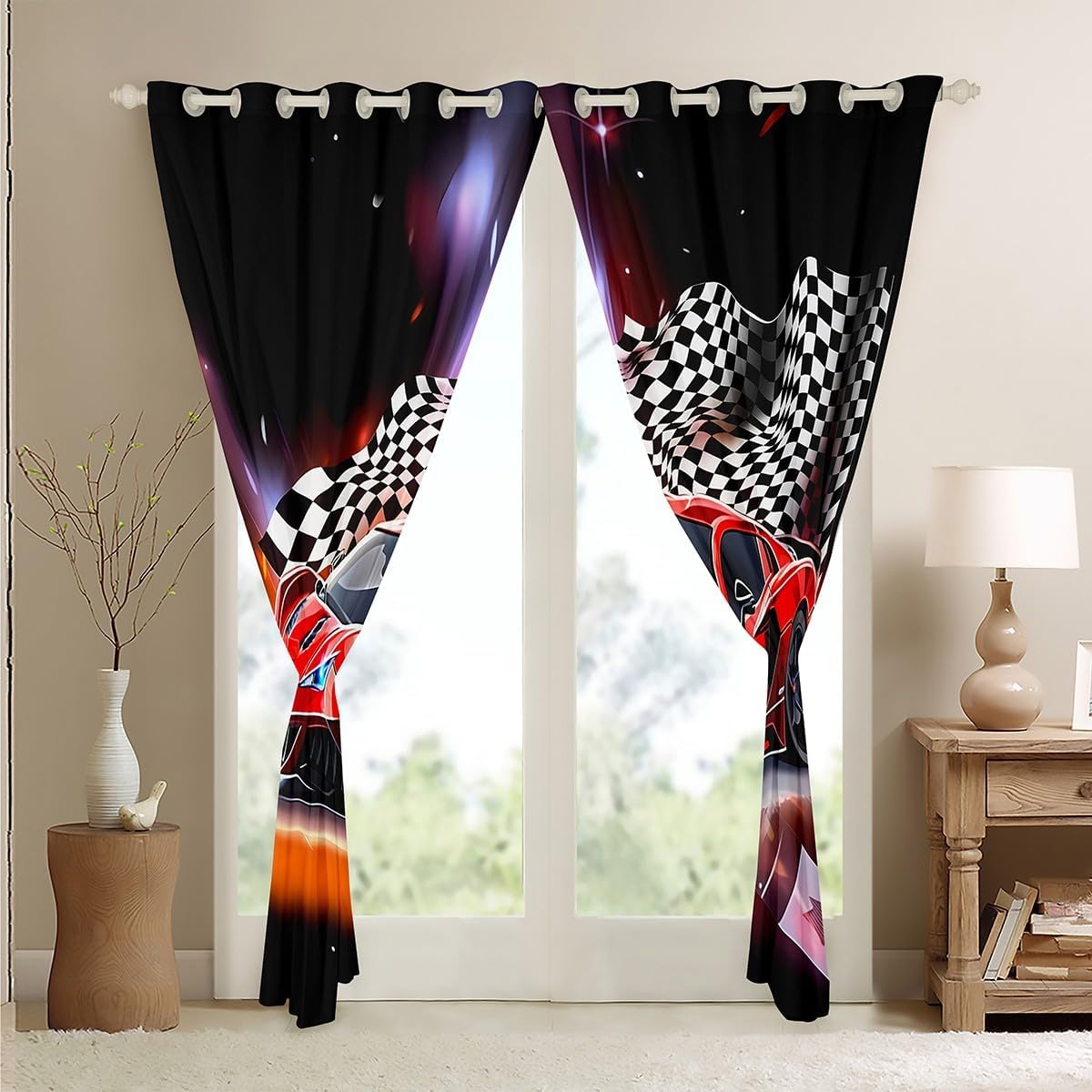 Speed Sports Car Curtains Extreme Sports Window Curtains for Bedroom Living Room for Kids Decor Red Window Drapes Microfiber Checkerboard Window Treatments Bedroom Bedclothes 42W X 63L,2 Panels