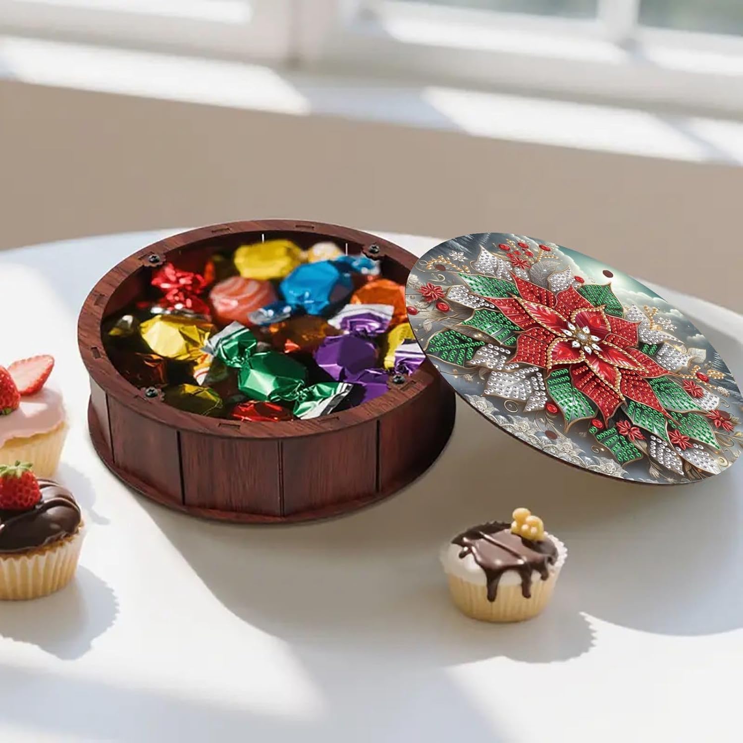 BAYUNOE 2Pcs Diamond Round Wooden Organizer Storage Box DIY Diamond Art Painting Jewelry Box with Lid Handmade Portable Rings Necklace Bracelet Case for Women Office Desktop Decor-01