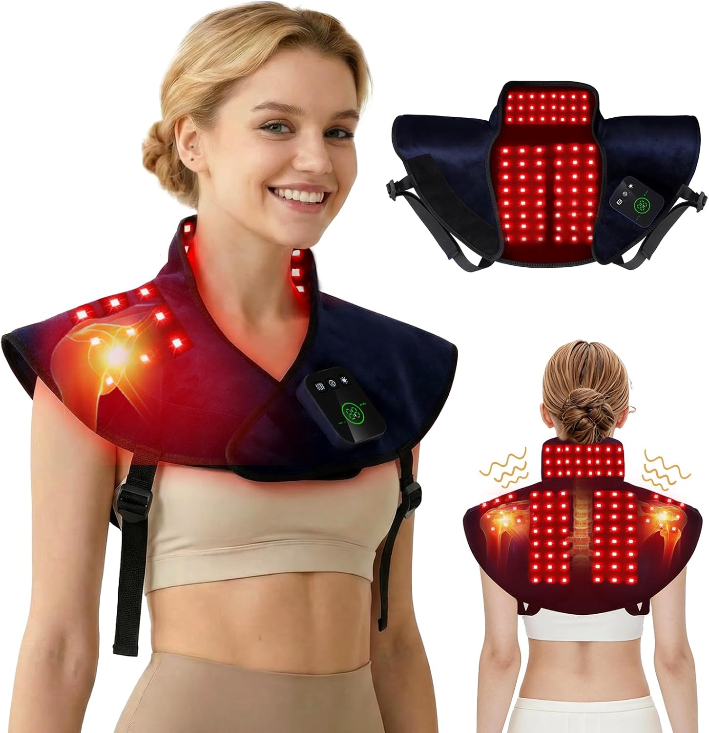 Cordless Red Light Therapy for Neck Shoulder Pain Reilef, 120 LEDs Wearable Infrared Heating Wrap with Massager and Timer, 660nm & 850nm Near-Infrared Red Light Therapy Pad, Blue