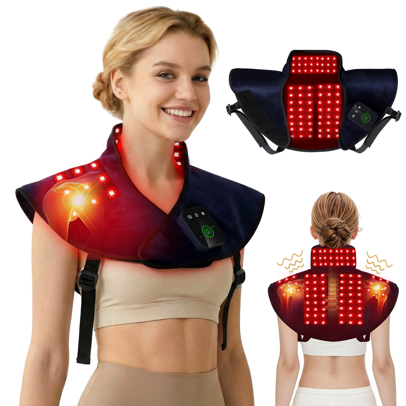 Envoltura de terapia de luz roja inalámbrica para cuello y hombros, 120 LED de 660 nm rojo y almohadilla de terapia de luz infrarroja cercana de 850 nm con masaje vibratorio, envoltura de hombro
