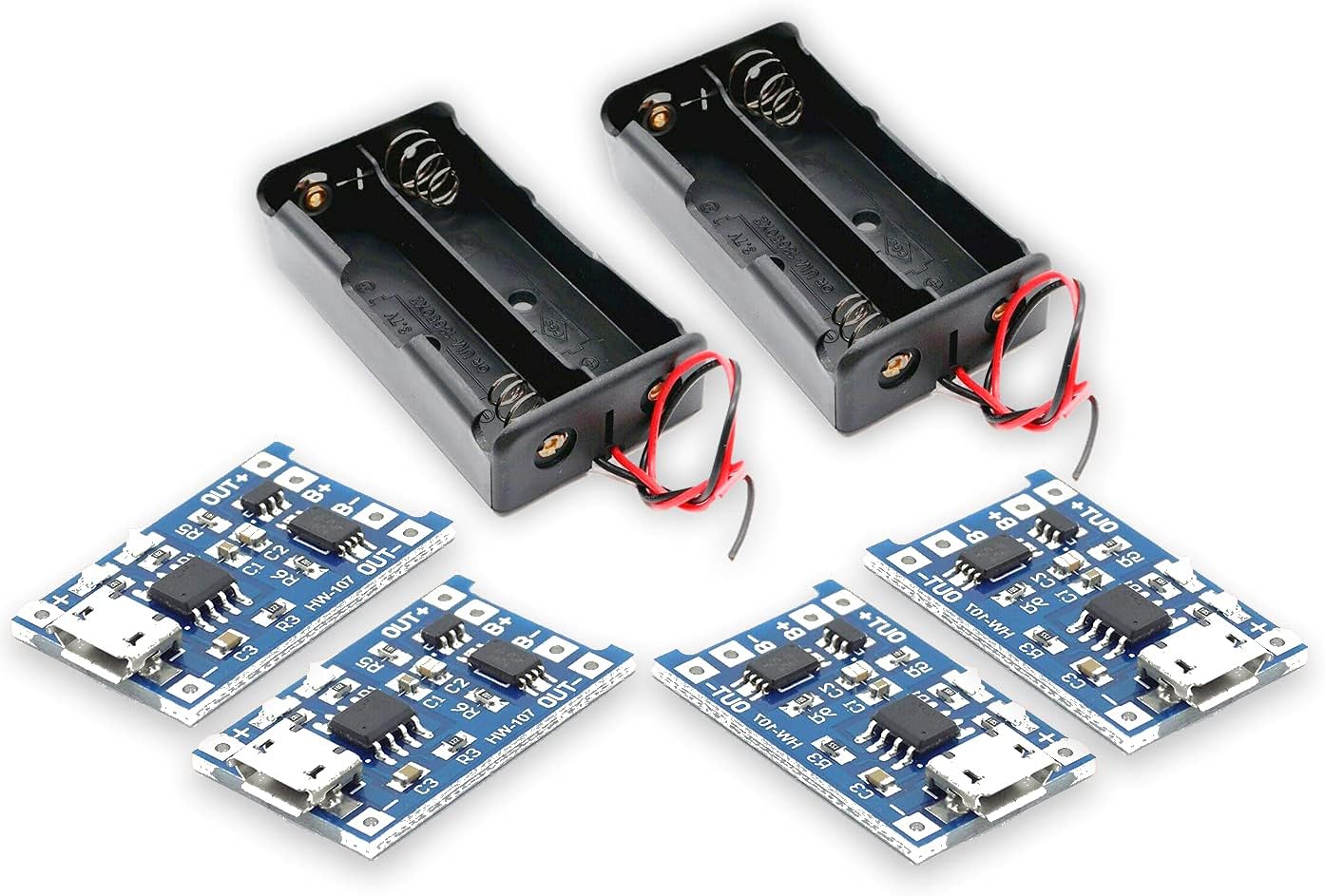 ICSTORE TP4056 BMS ModuleTP4056 BMS Module with 18650 Lithium Battery Holder Case/Mount/Socket for Rechargeable Battery Charging, Combo - Pack of (2 Case + 4 Module)