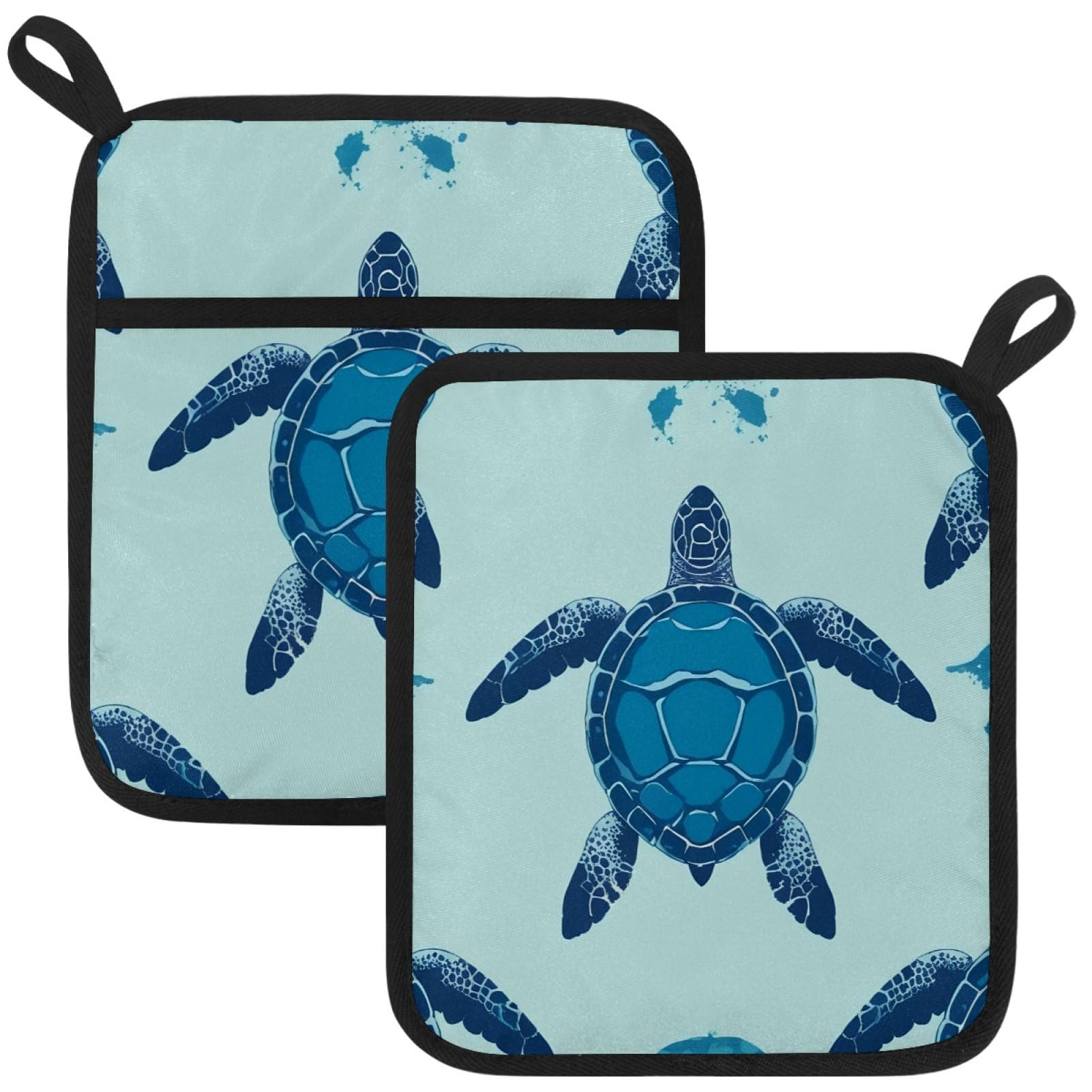 VAPOKF Turtle Print Pot Holders with Pocket for Kitchen Heat Resistant Potholders Large Polyester-Cotton Square Oven Mitts Set
