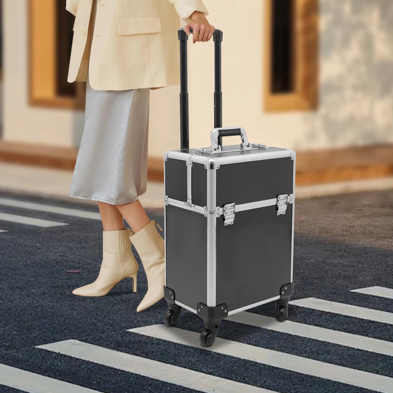 Valigetta per cosmetici, trolley per trucchi, grande valigetta da parrucchiere, per viaggi, con chiusura a chiave, con ruote girevoli a 360°, carico massimo 50 kg (nero), Nero ,