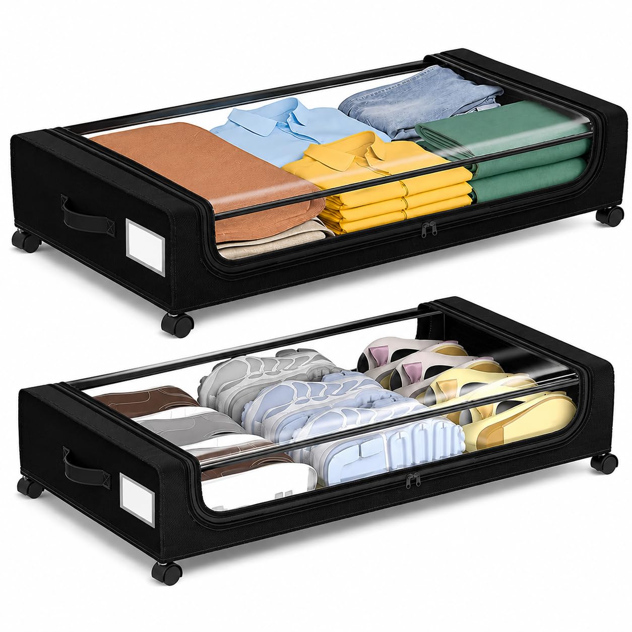 Scatole portaoggetti da 48 l, con ruote e coperchio con cerniera, pieghevoli, di grande capacità, per vestiti, biancheria da letto, scarpe e giocattoli, colore nero, confezione da 2