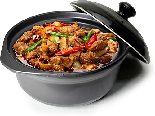 Cacerola de arcilla resistente al calor, tazones de cerámica de alta calidad, tapa para cocinar, sopa negra (negro, 66 onzas)