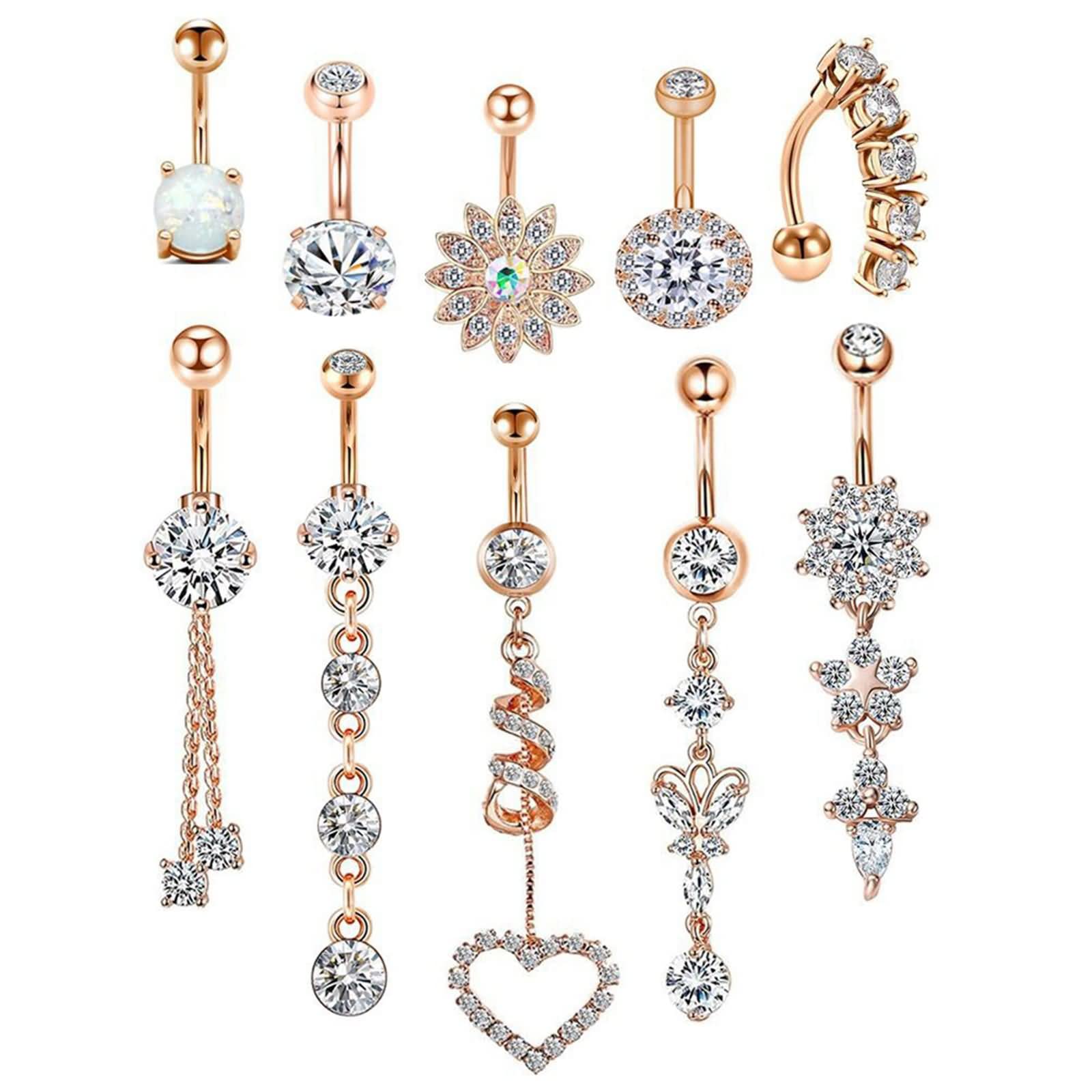Daesar Bauchnabelpiercing Chirurgenstahl 14G, Bauchnabelpiercing 10MM Stablänge 10er Set Blume Anhänger mit Zirkonia Body Piercing Ring Bauchnabel