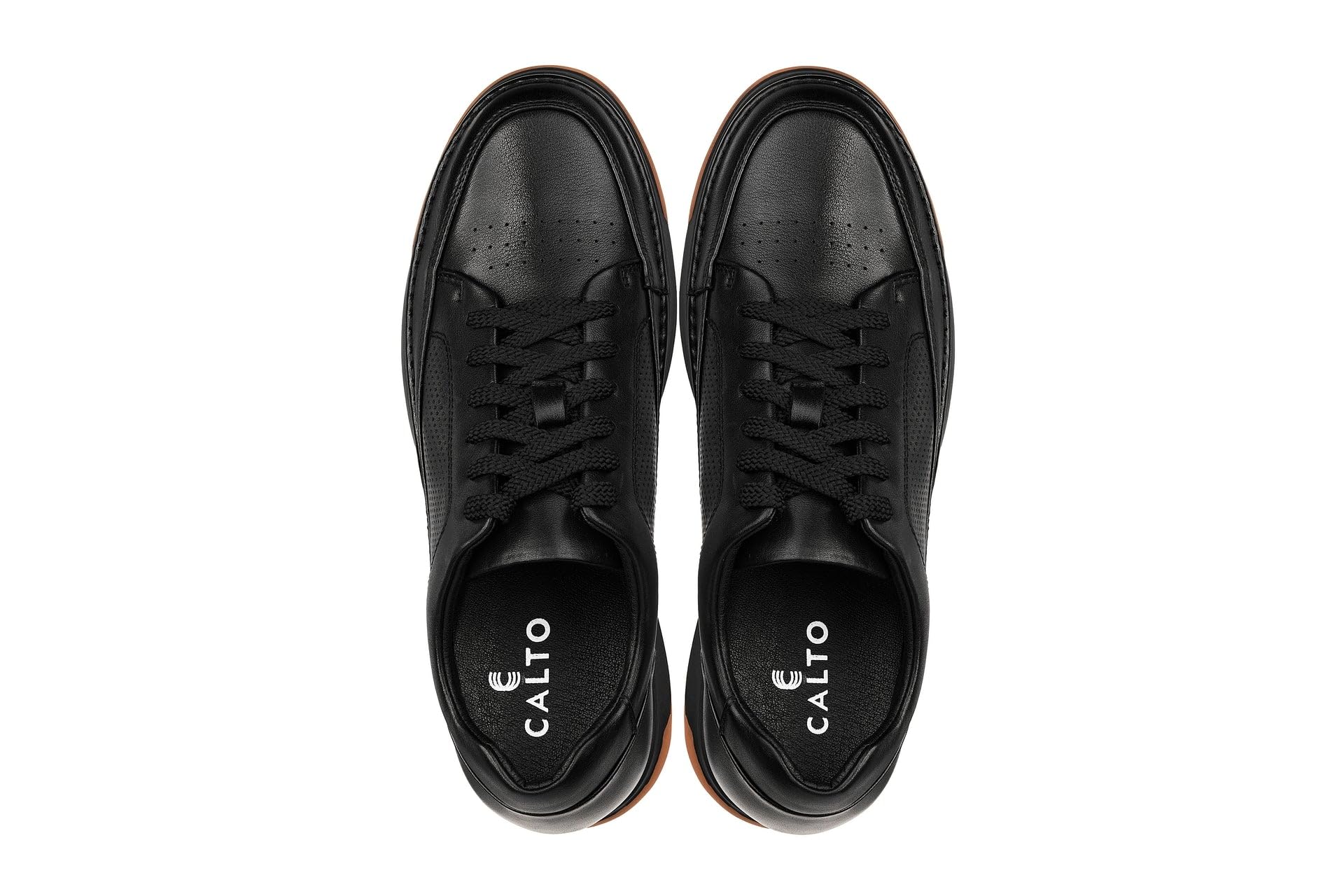 CALTO Zapatos de elevación Invisibles para Hombre con Aumento de Altura – Zapatillas de Cuero de Primera Calidad con Cordones – 2.6 Pulgadas más Altas, Suela Negra de Goma Negra, 41 1/3 EU
