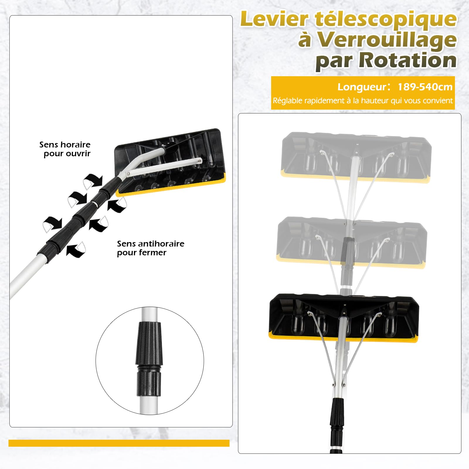 GYMAX Râteau à Neige Télescopique en Aluminium 188-640cm, Longueur Réglable, Grande Lame Rotative, Idéal pour Déneigement, Enlever Les Feuilles/Débris