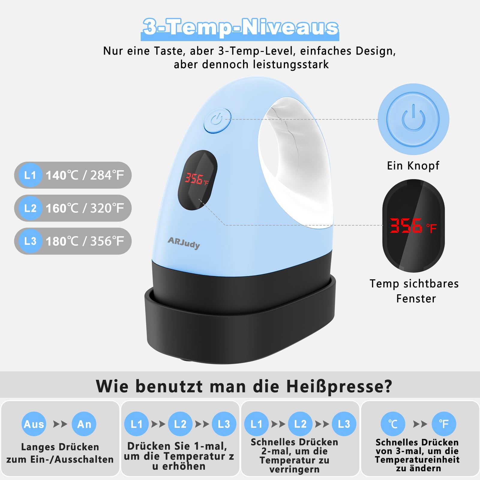 Mini Transferpresse – Ultraleichte tragbare Hitzepresse & Presse Plotter Maschine mit 3 Heizstufen & Temperaturanzeige, Mini Bügeleisen für Basteln, T-Shirts, Schuhe, Hüte & HTV-Vinyl DIY, Lila