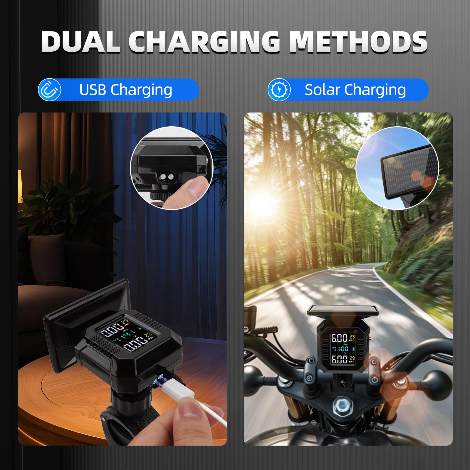 KAOLALI system kontroli ciśnienia w oponach dla motocykli TPMS, bezprzewodowy system TPMS do motocykli z ładowaniem solarnym/USB i wyświetlaczem LCD, z 2 zewnętrznymi wodoodpornymi czujnikami