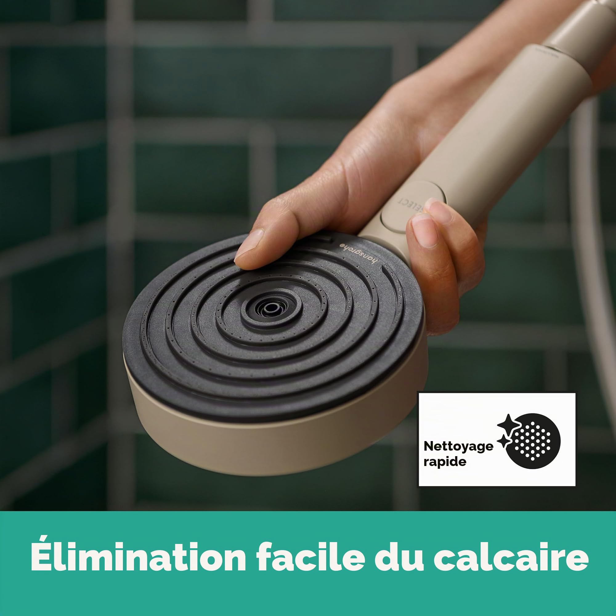 hansgrohe Pommeau de douche Pulsify Planet Edition Pommeau de douche économiseur d'eau 2 jets Fonction anticalcaire Sable recyclé, 26077210