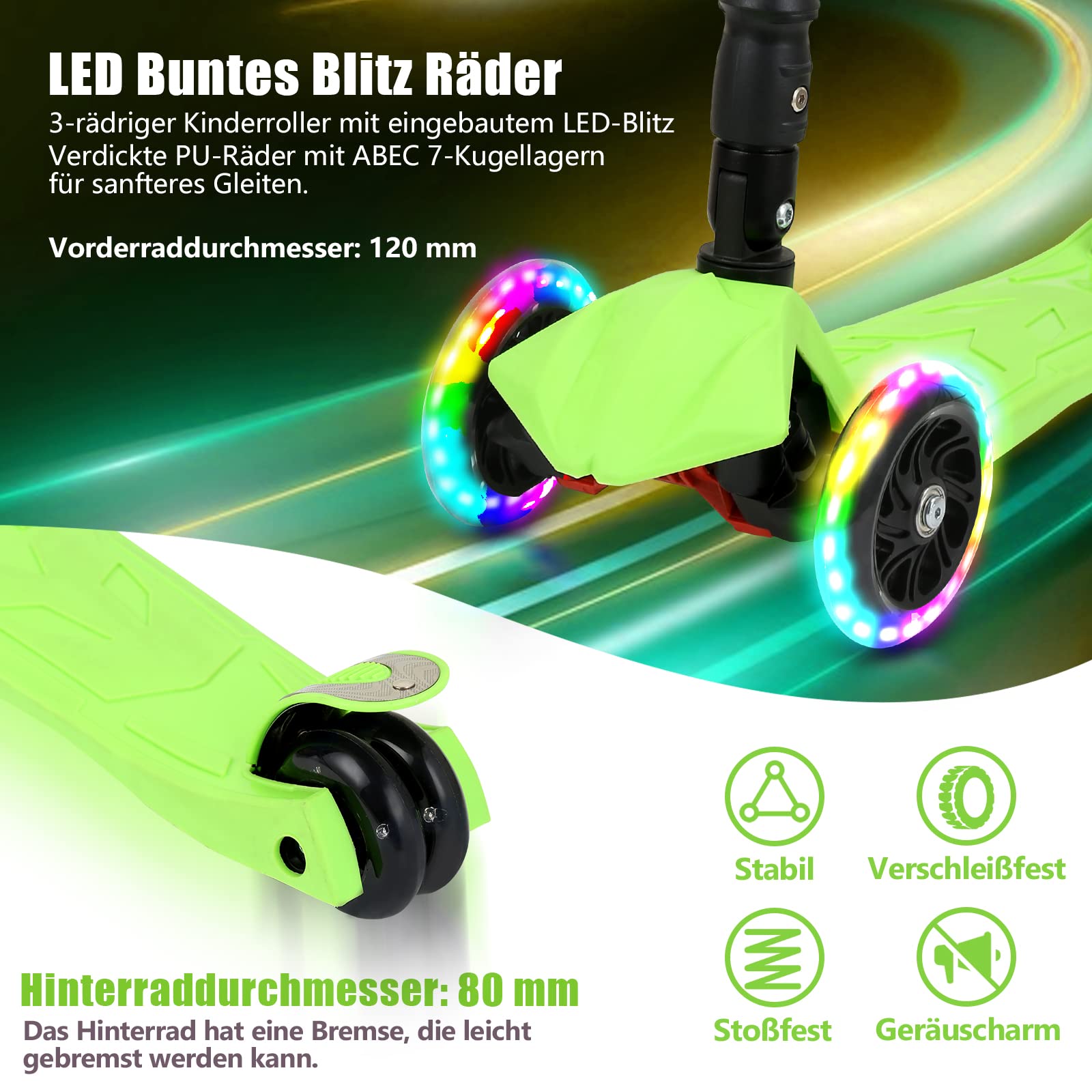 Hulajnoga dziecięca z 3 diodami LED, dla dzieci w wieku od 3 do 14 lat, składana, z 4 regulacją wysokości, antypoślizgowa, dla dzieci w wieku od 3 do 14 lat, do 50 kg, zielona