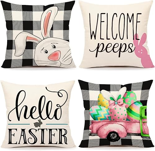 4TH Emotion Juego de 4 fundas de almohada de Pascua de 18 x 18 pulgadas, decoraciones de Pascua para primavera, almohadas de granja, almohadas