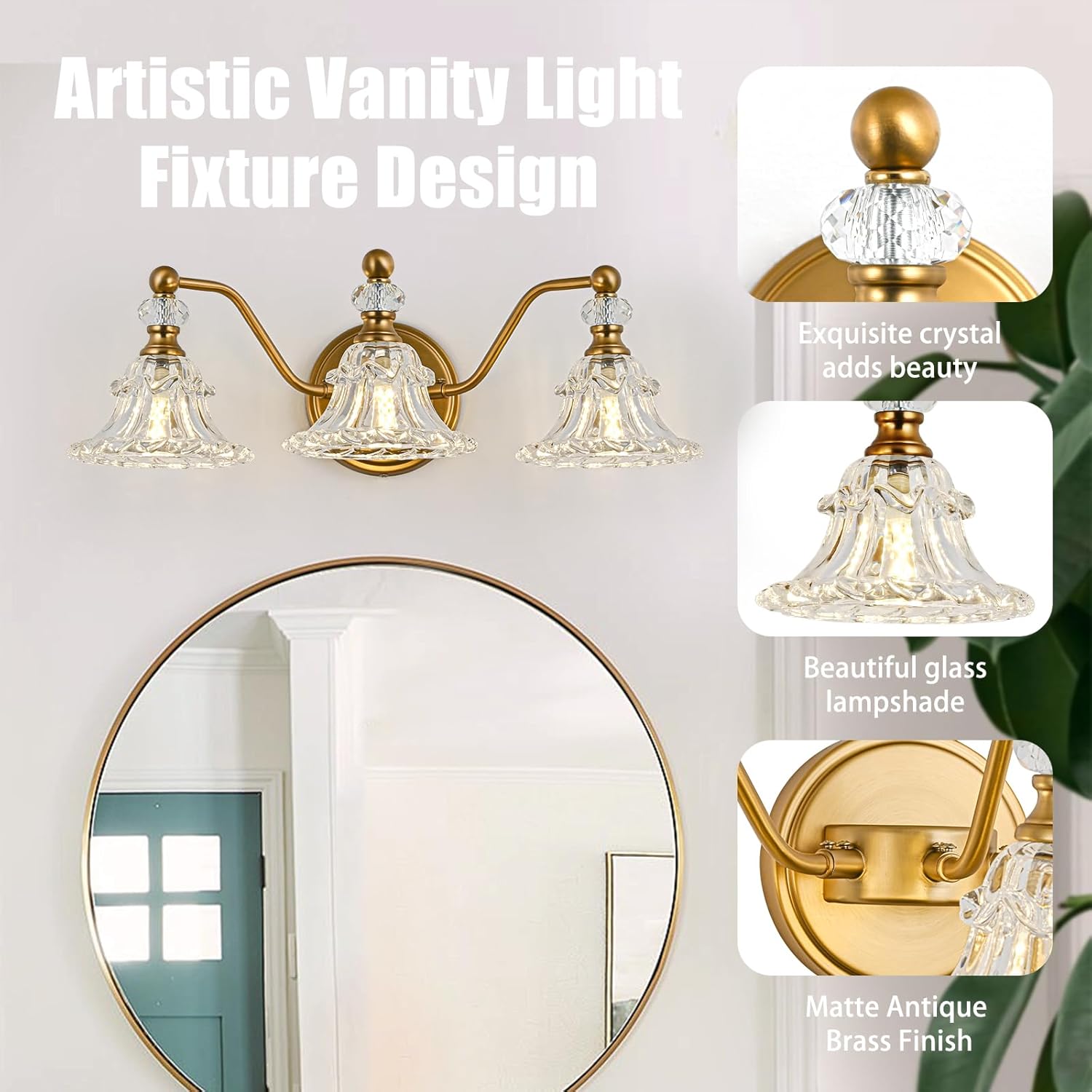 Vintage 3-Light Bathroom Vanity Light Fixture, Vintage Vanity Light with Crystal Glass Shade in Matte Antique Brass Finish, 3-Light Retro Bathroom Light Fixture