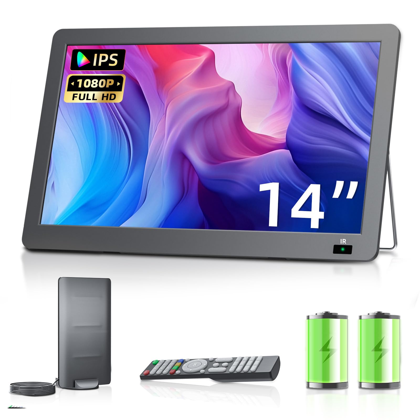 Desobry Televisor portátil 14,3 Pulgadas, Mini TV Recargable 1080P con Antena y sintonizador DVB-T2, Exteriores Compatible con Entrada HDMI/USB/AV, TV 12v para autocaravanas/Camping/Habitación