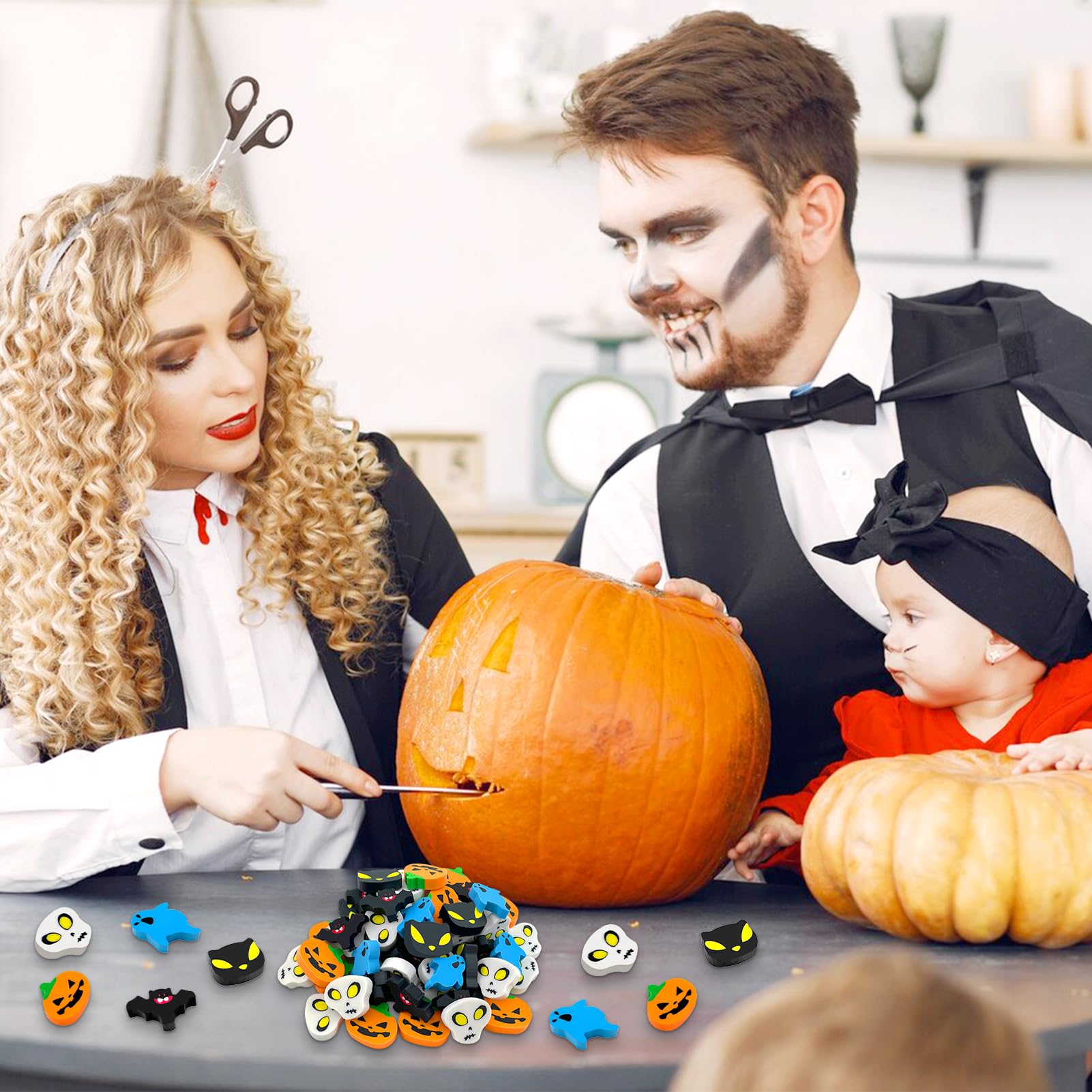 50 Mini Gomme da Cancellare per Halloween - Forma Zucca e Teschio per Bambini - Regalino Ufficio e Cancelleria