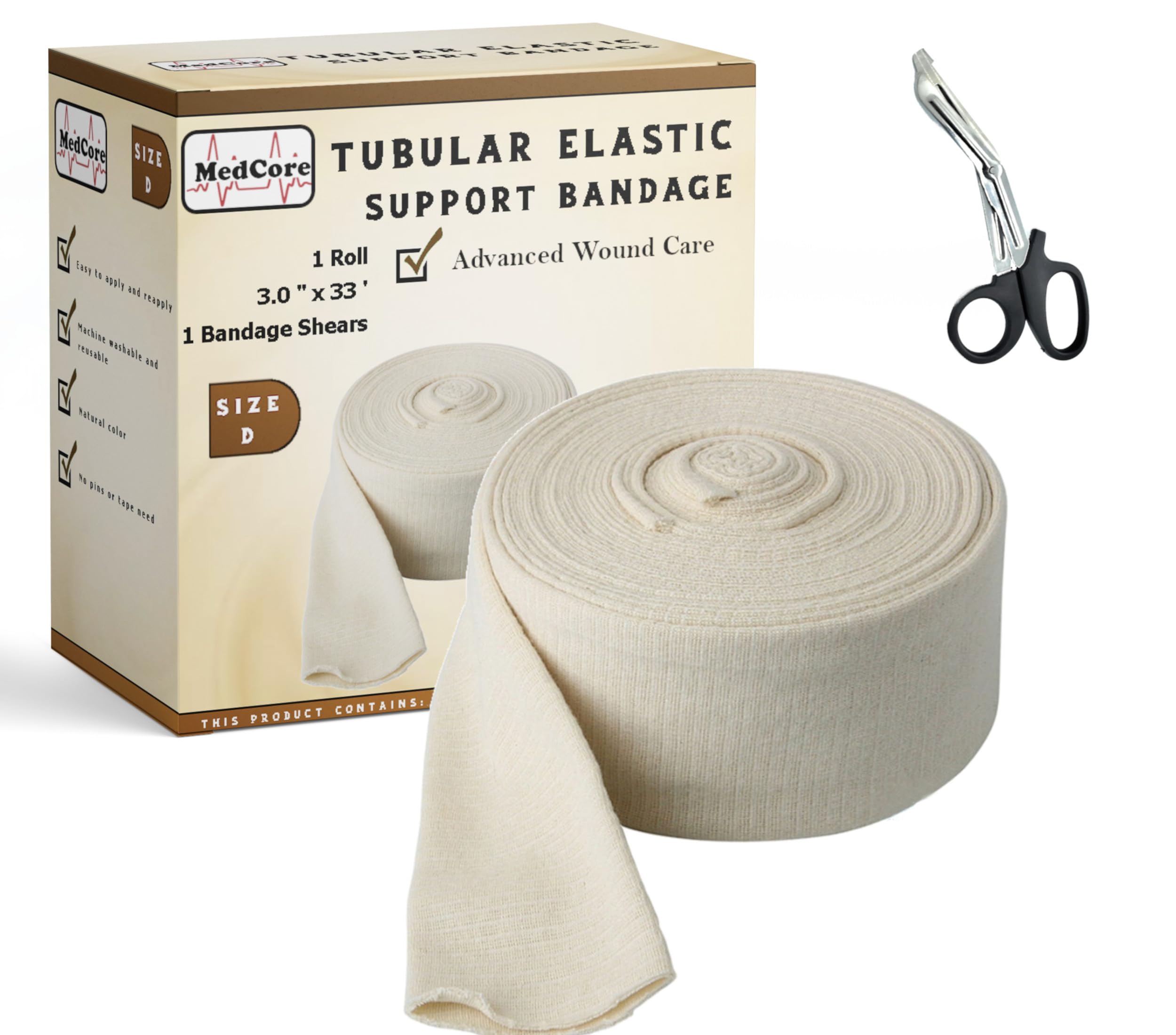 Premium Elastic Tubular Compression Bandage Size D Stockinette, 3 inches x 33 Feet. Reusable Elastic Bandage Sleeve Wraps Plus One Pair of Medical Scissors