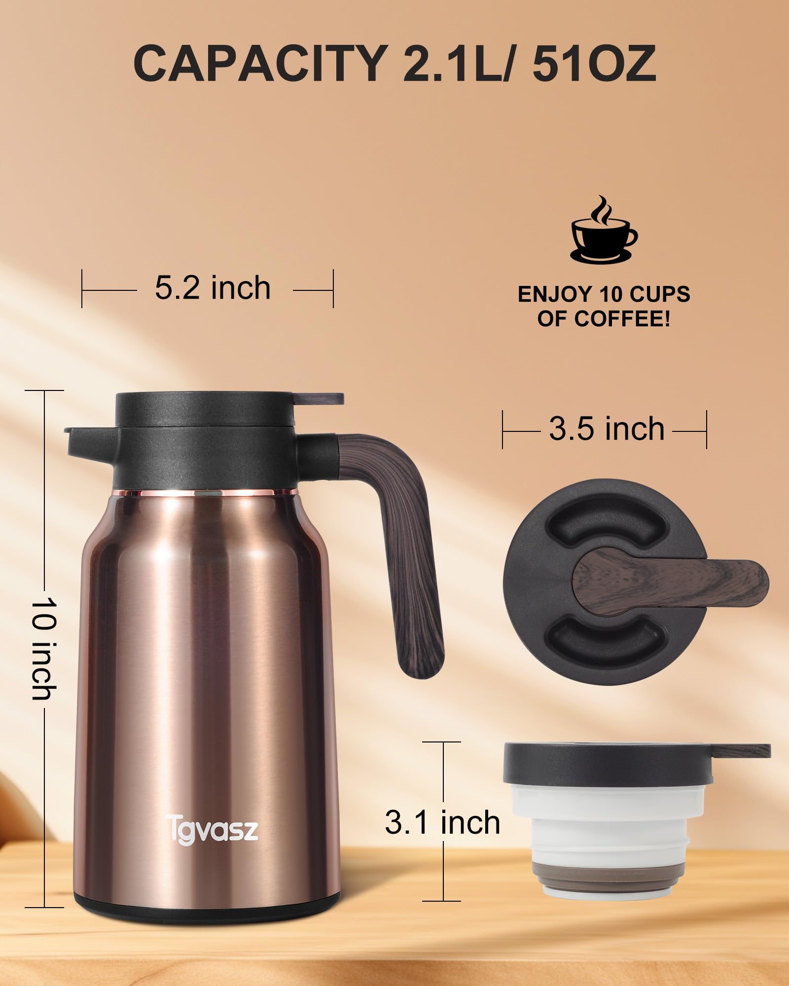 Jarras para líquidos calientes, 2 jarras de café térmicas aisladas al vacío de acero inoxidable para mantener el calor durante 12 horas, dispensador de café de 1.5 litros (dorado/dorado)