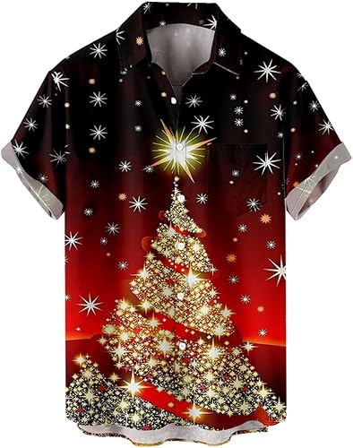Camisa de Navidad hawaiana de ajuste relajado de manga corta con botones camiseta de vacaciones con estampado de reno de Papá Noel A