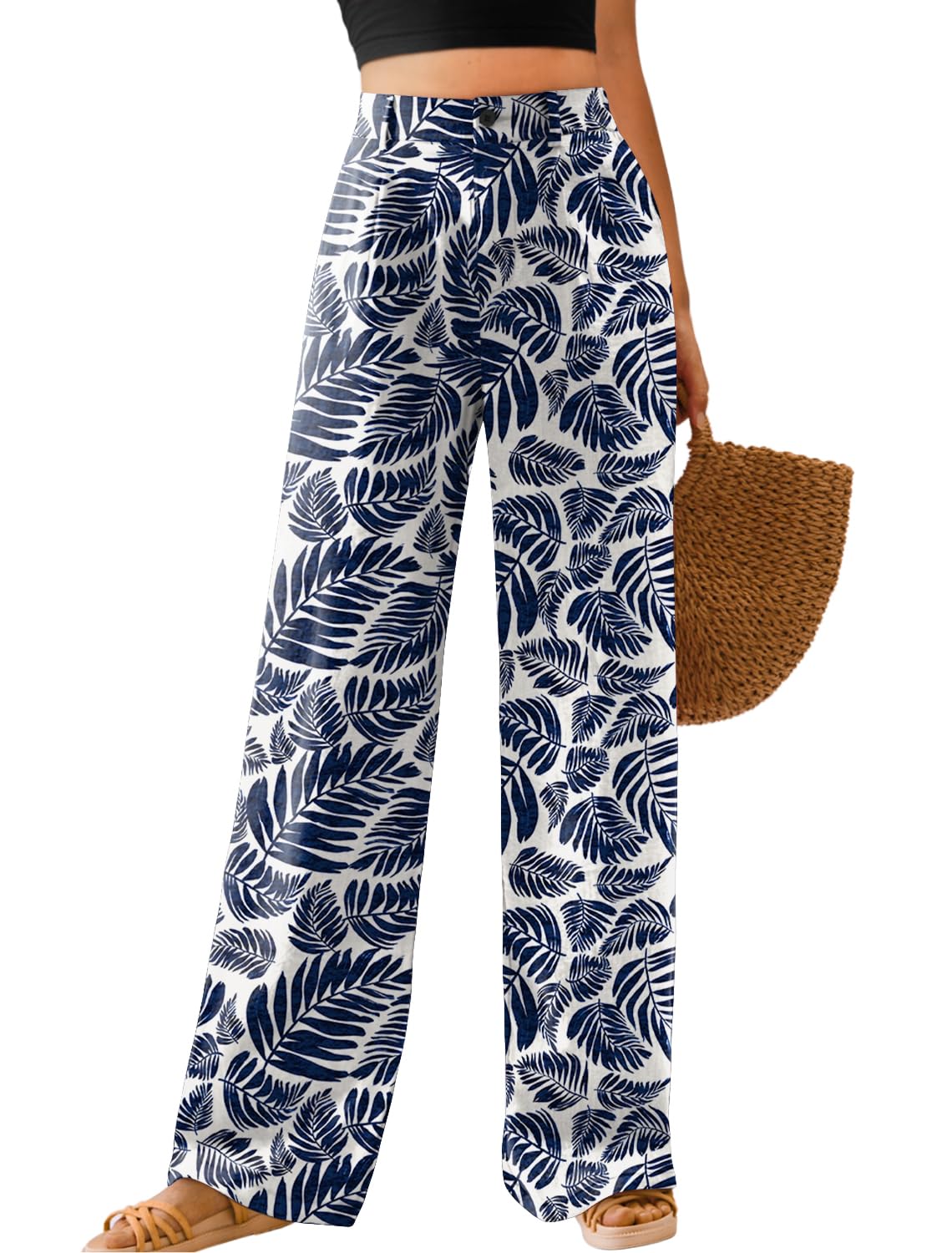 Feiersi Womens Casual Wide Leg Pants High Waisted Button Down Straight Long Trousers Palazzo Pants