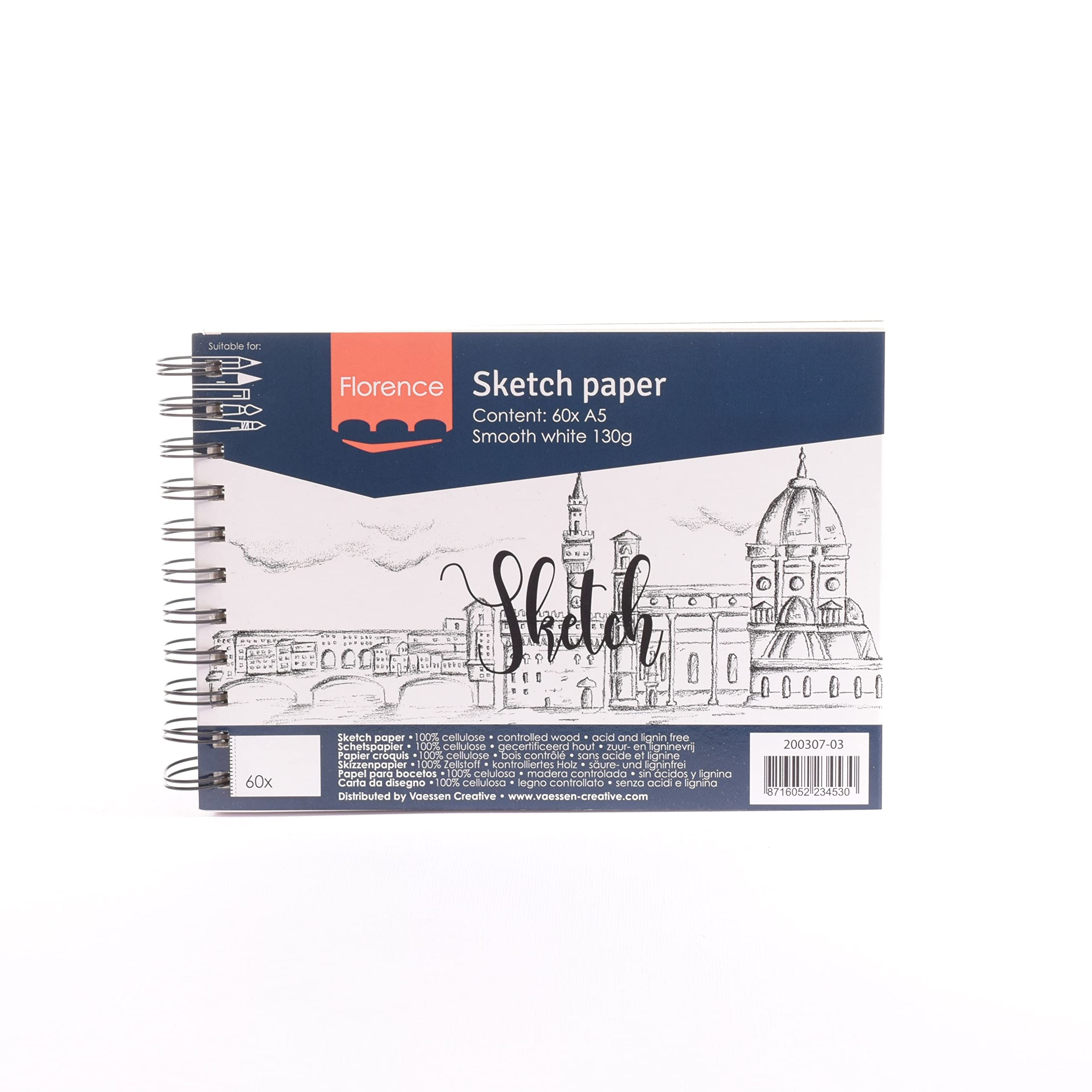 Florence Sketch Book - 60 Sheets - A5 Sketchbook - 60 Sheets - Paper Drawing Pad for Art, Sketching and Pencils - 130 GSM