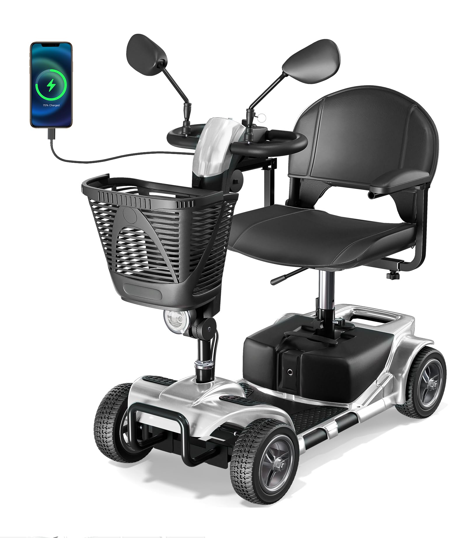 4 Wheel Mobility Scooter, Electric Powered Chargeable Electric Mobility Scooters, Heavy Duty Foldable Motorized Scooter with Headlight, Basket, Charger, D41 (Silver)