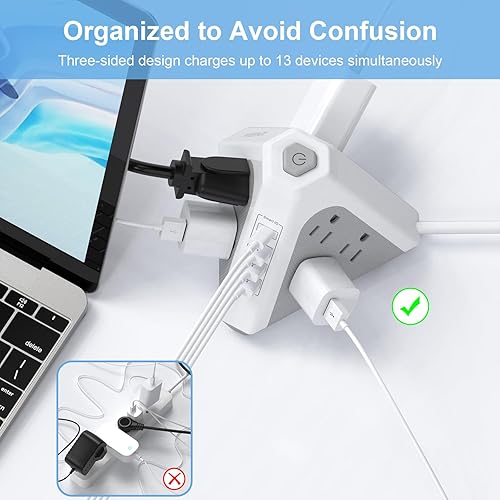 Miniatura 4 de NVEESHOX - Regleta protectora contra sobretensiones en torre, 9 salidas de CA con 4 puertos USB (1 USB C), enchufes triangulares de 3 lados con