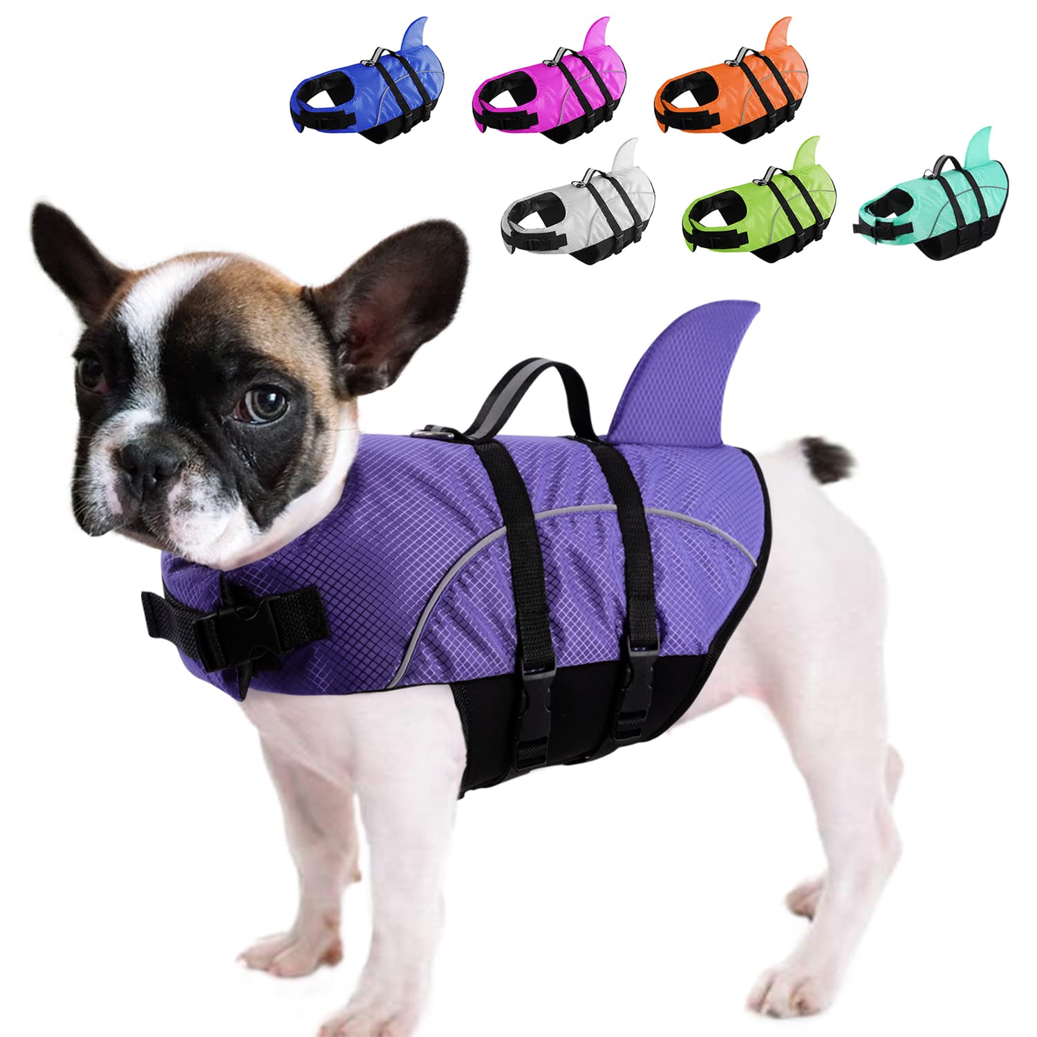 QueenmoreRipstop Dog Life Jacket Shark Life Vest for Dogs, Safety Lifesaver  with High Buoyancy and Lift Handle for Small and Medium Breeds(Purple,M)