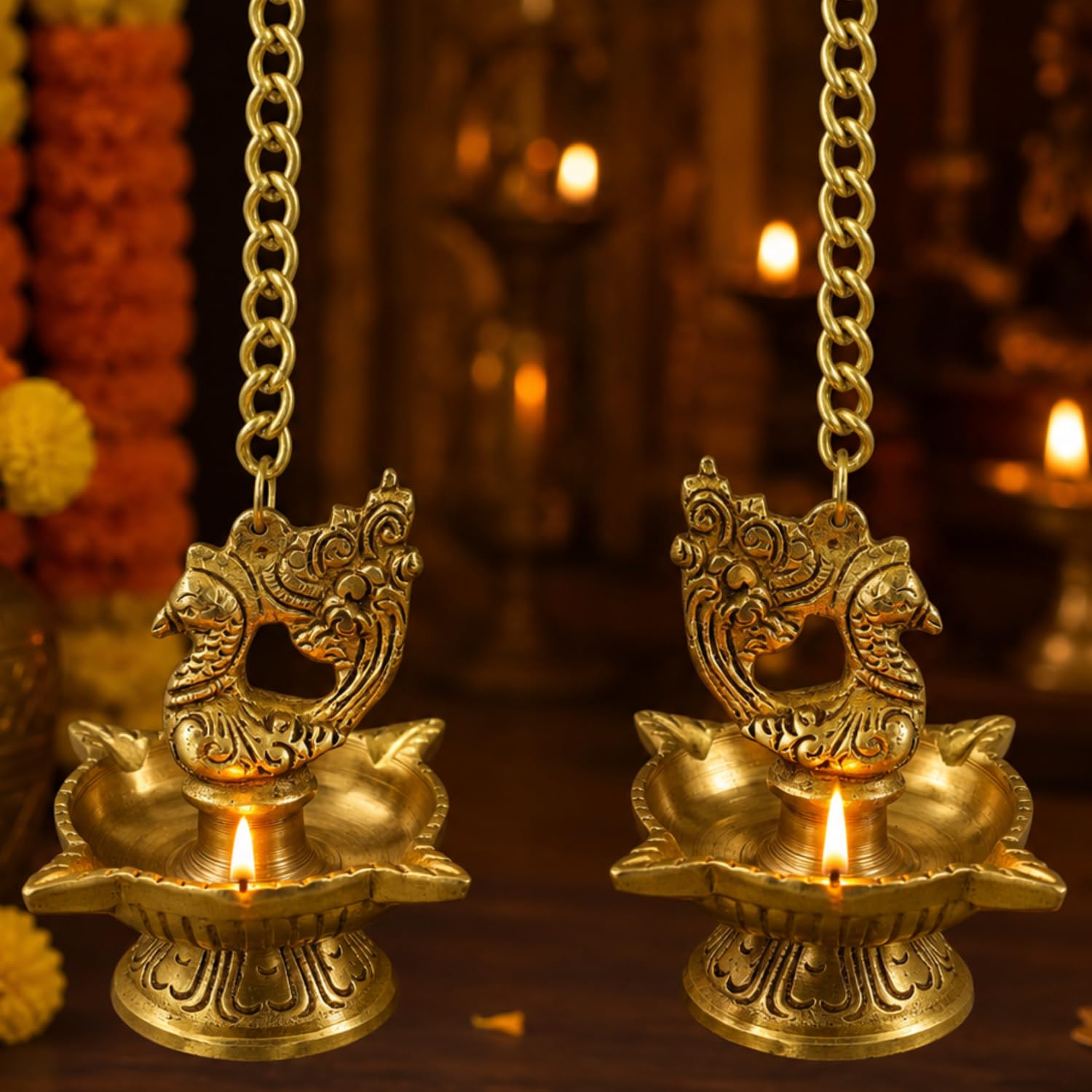 Brass Peacock Diya Set - Diwali Home Decor -2