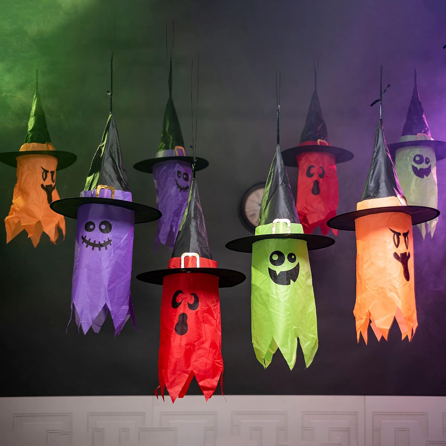 JOYIN 8 Pack 24" Halloween Light up Hanging Ghost with Remote Control, Halloween Light up Hanging Ghost Prop Decoration with Witch Black Hat for Halloween Trees, Patio, Bedroom, House Decorations