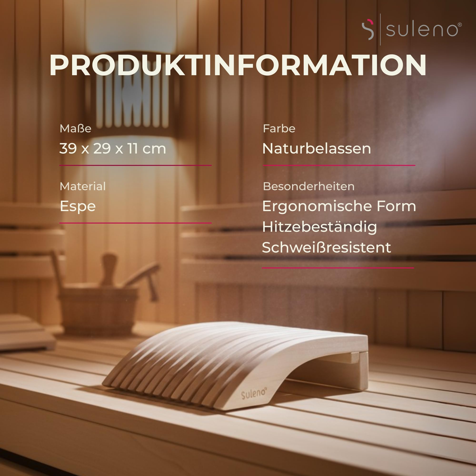SULENO Sauna Kopfstütze Holz Espe, ergonomische Saunakopfstütze für Kopf & | Nacken, Hochwertiges Sauna Zubehör, hygienisch & langlebig, Saunazubehör Nackenstütze & Kopfkeil, Modell ESKE, Rückenlehne
