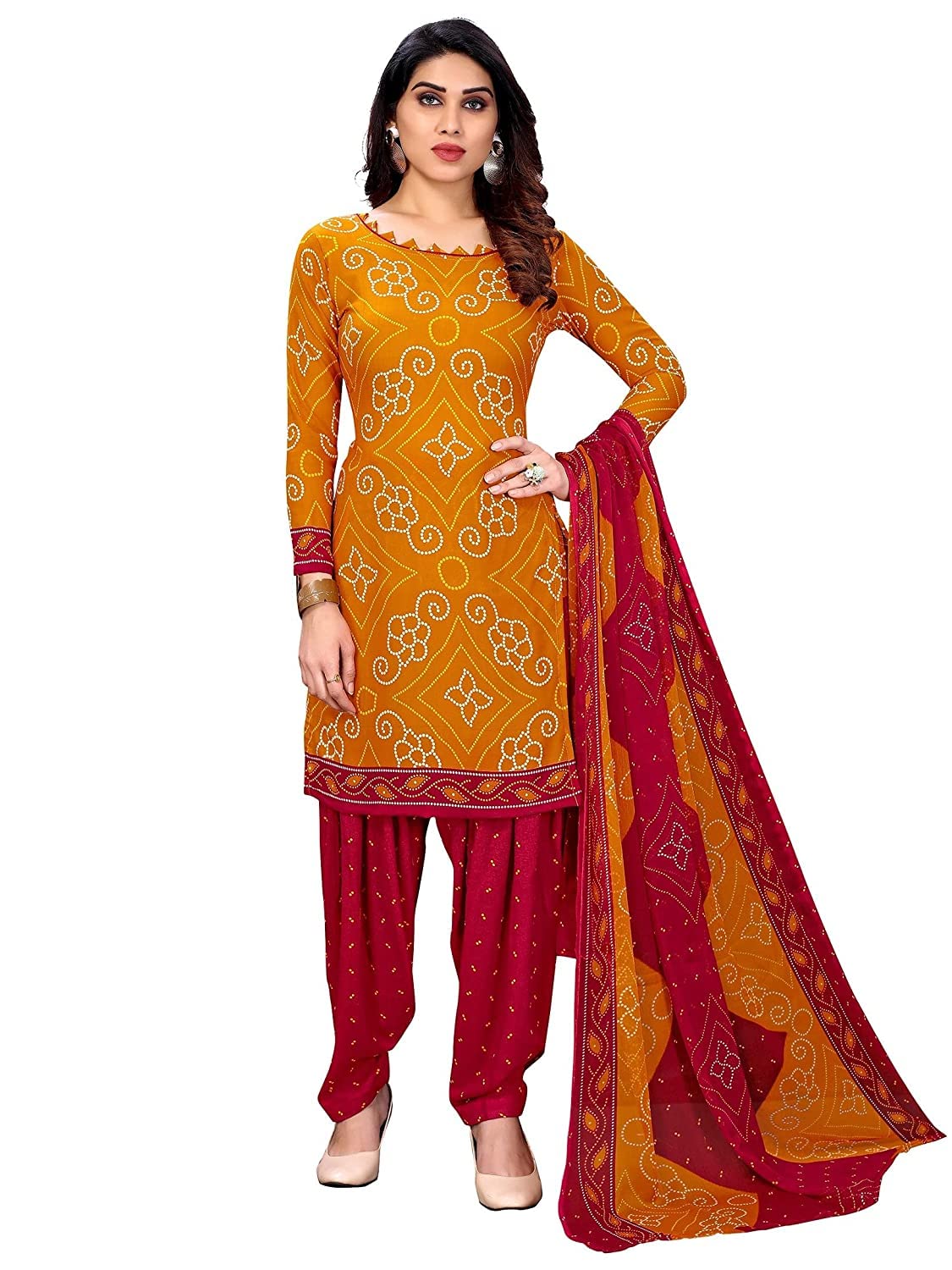 Women's Women's Crepe Printed Patiyala Salwar Suit Dress Material Suit (DM Bandhanii Yelloww-Redd_Yellow & Red_Unstitched)-image-13